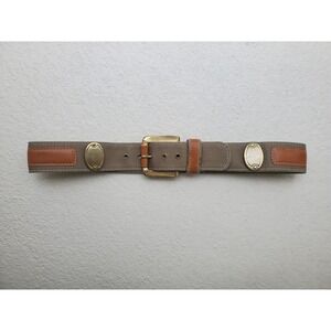 Vintage Olive Green Canvas Camel Leather Belt Jill Stuart Brass Buckle Western L